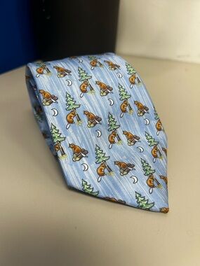 HERMES Light Blue Novelty Beaver & Tree Silk Tie